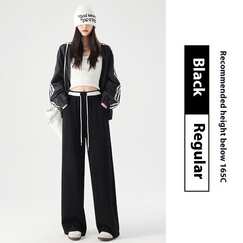 Color blocking American sports for women's autumn and winter sweatpants, high waisted loose design, lace up pants, casual straight wide leg pants