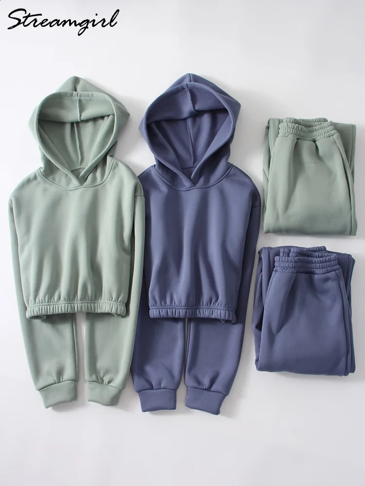 Thick Fleece Cropped Hoodie And Pants Set Women Autumn Warm Sweatpant 2 Piece Set Outfit Velvet Track Suit For Women Winter Blue 240918