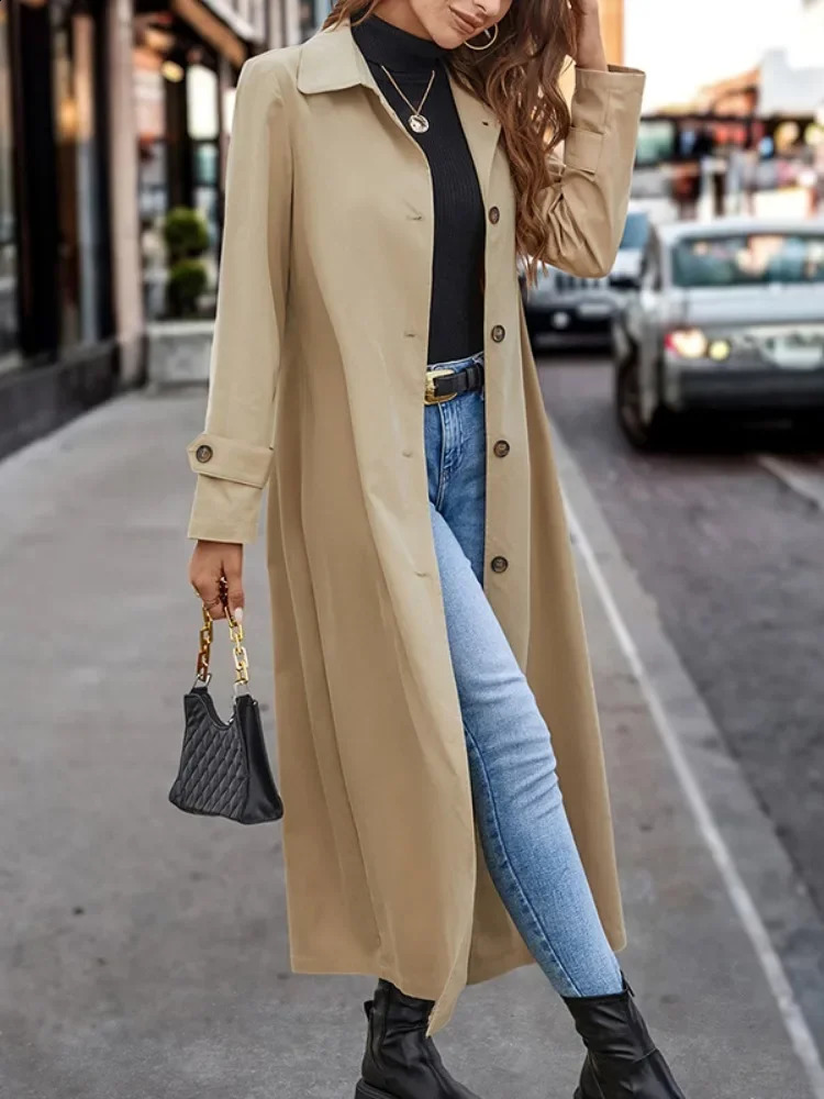 Krismile 2024 Autumn and Winter Fashion Womens Trench Coat Split-Joint Buttoned Loose Long Sleeves Lapel Trench Outerwear 240918