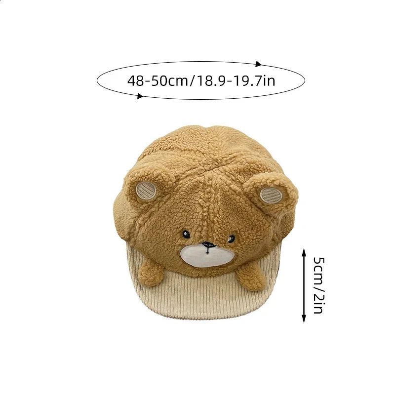 Cute Bear Plush Baby Baseball Hat Warm Cashmere for Winter Children Boy and Girl Cartoon Autumn Childrens Leather 240925