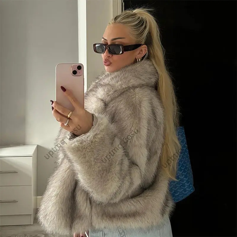 Faux Fur Jacket Women Cropped Lapel Collar Animal Natural Color Fuzzy Winter Coat Fashion Brand Iconic Vibe Outfit Parka Outwear