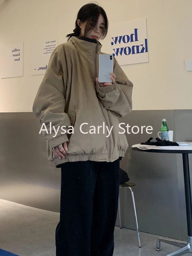 Casual High Street Parkas Women Winter Warm Korean Khaki Zipper Streetwear Coat Female Fashion Trend Vintage Outerwear 2024 240918