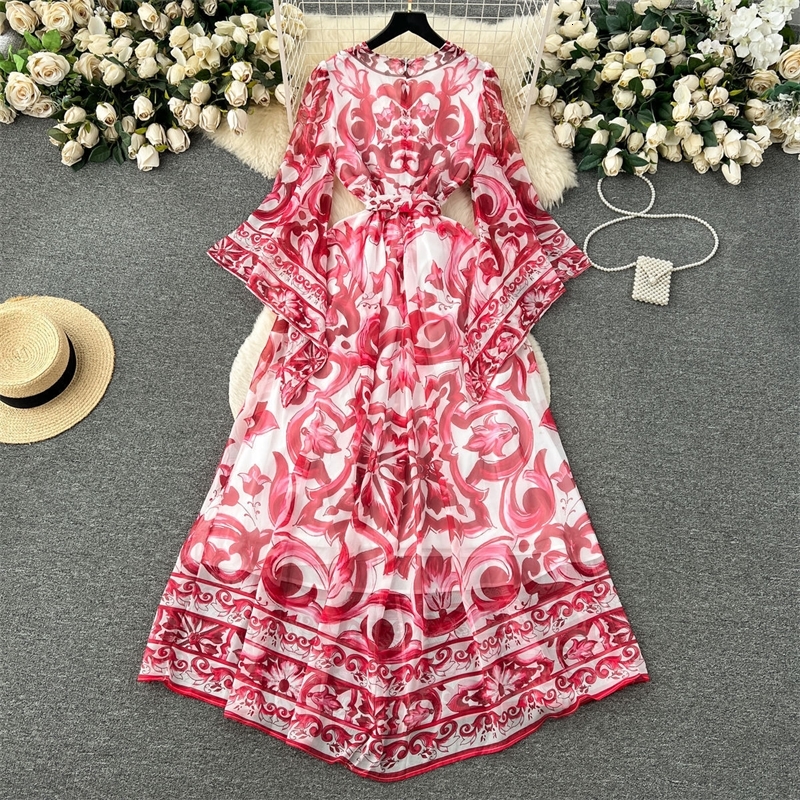 Designer Womens Casual Dresses Luxury Temperament Long Sleeved V-neck Slim Blue And White Porcelain Positioning Silk Dress