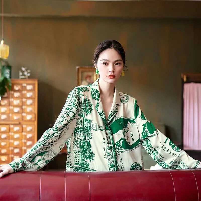 Vintage Dollar Print Pajamas For Woman Ice Silk Comfortable Homewear Sleepwear Lounge Size Autumn Shirt Sets M240925
