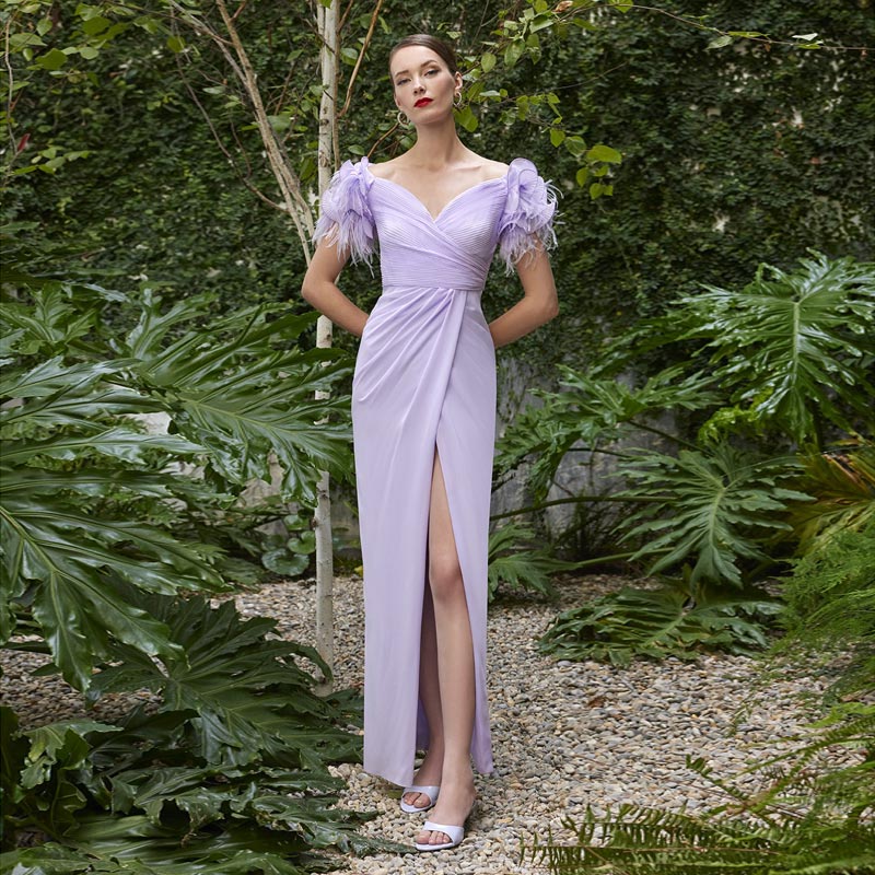 Pleated Lilac Mother Of Bride Dresses With Feathers Sleeves Sheath Side Split Wedding Guest Dress Off The Shoulder Necke Evening Gowns