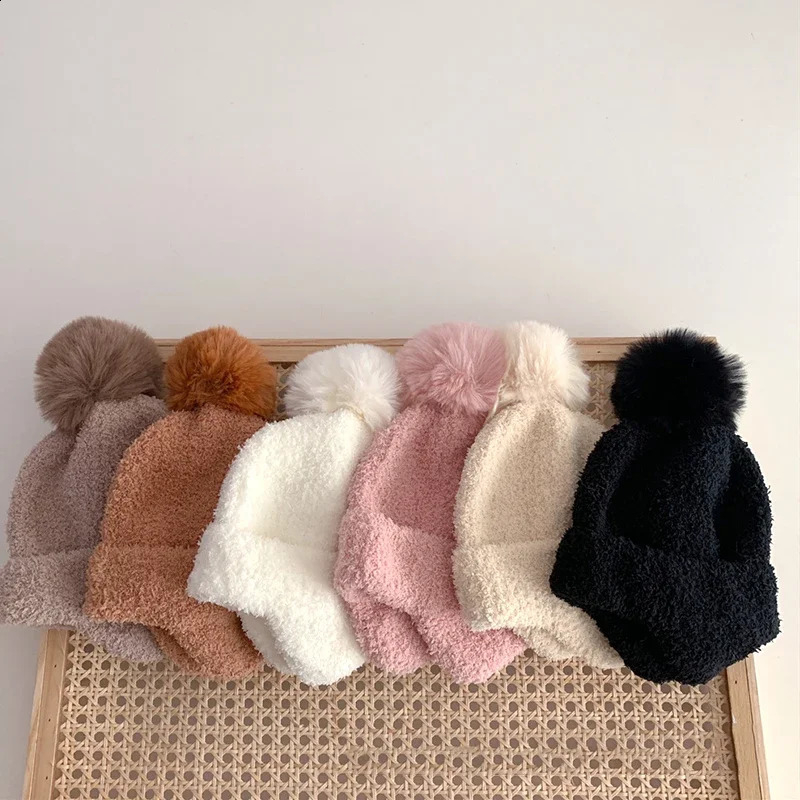 14 year old born baby children girls boys winter warm and soft knitted hat fur ball fluffy solid color elastic cute bear 240925