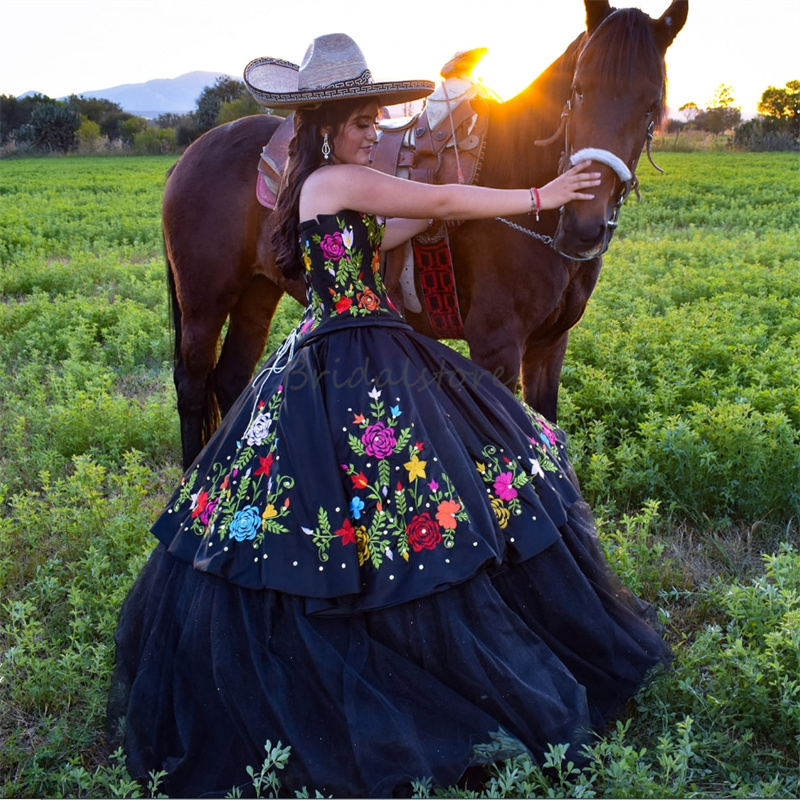Vintage Black Mexican Quinceanera Dress With Colorful Embroidery Elegant Tulle Charro Sweet 16 Birthday Party Vestido De 15 Xv Anos Gothic Debutante F