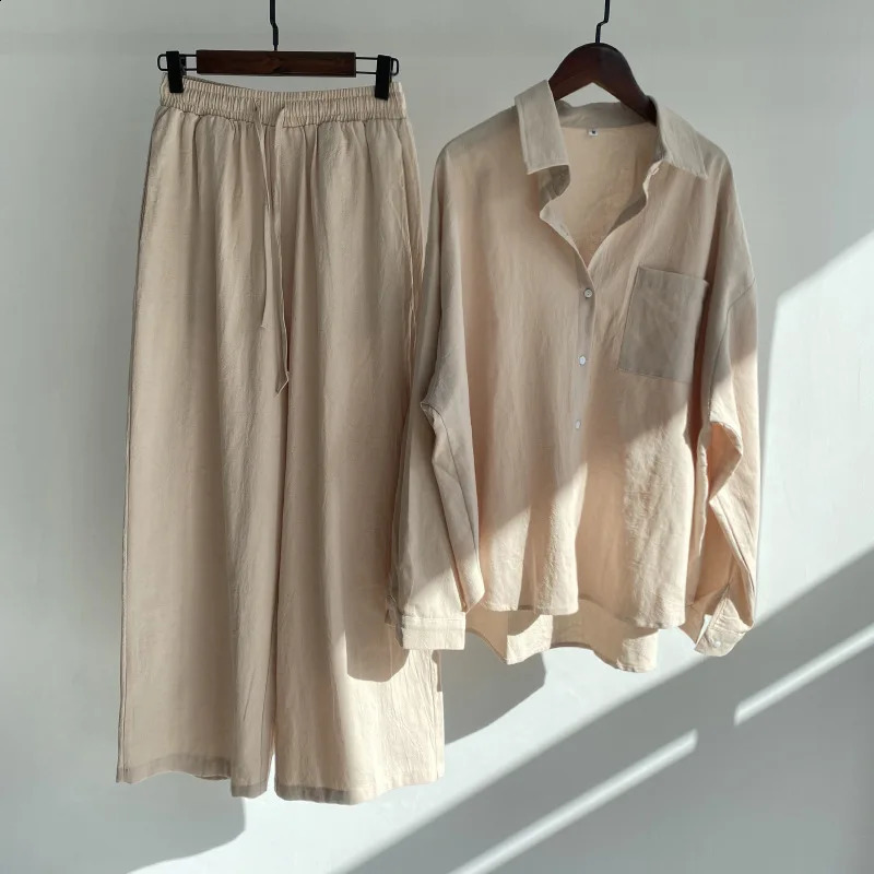 Autumn Womens Casual Cotton Linen Shirt Set Drawstring Elastic Waist Wide Leg Pants And Thin Long Sleeve Blouses Top Solid Set 240926