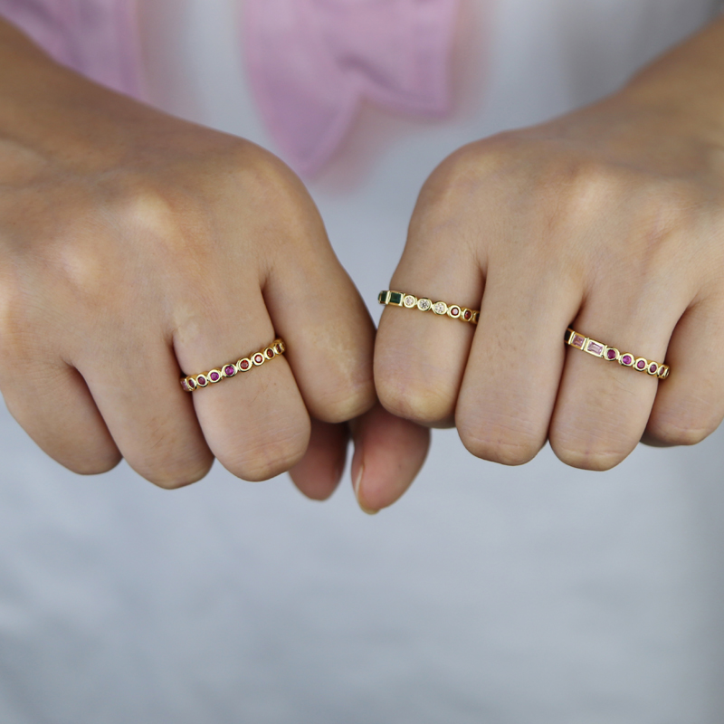 Geometric Rainbow CZ Gold Stacking Engagement Ring | Thin Cubic Zirconia Band