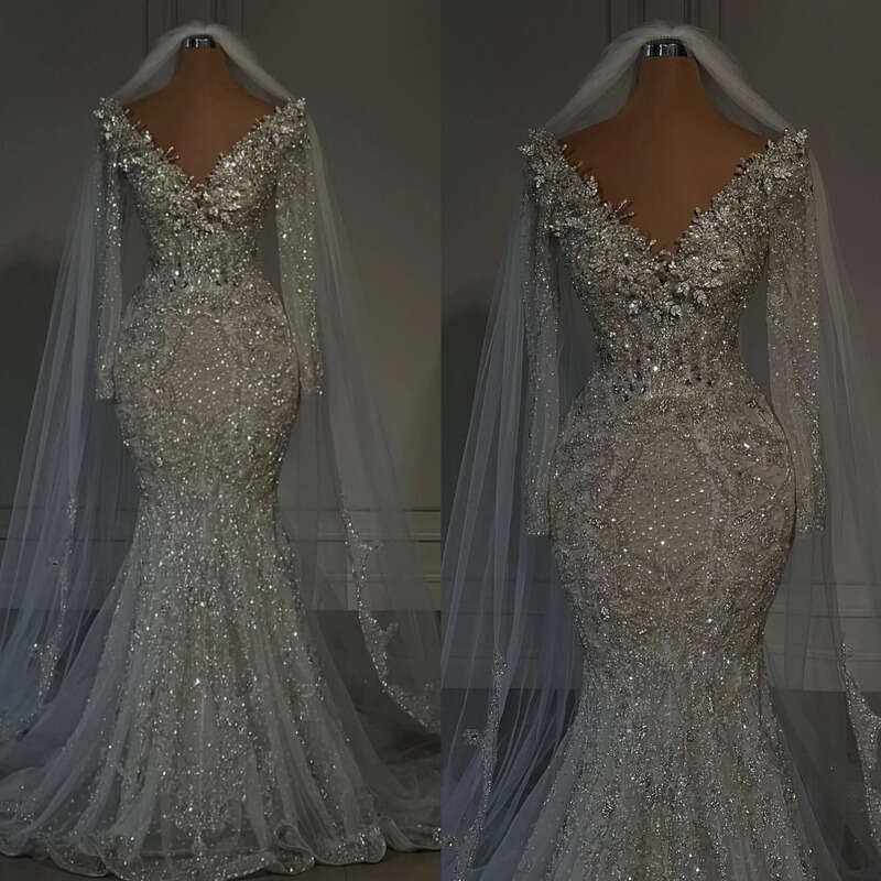 Gorgeous Dress Mermaid Chart V Neck Beading Lace Long Sleeves Illusion Wedding Dresses Bridal Gowns Sweep Train Designer Robe De Mariage Sleees Es 021