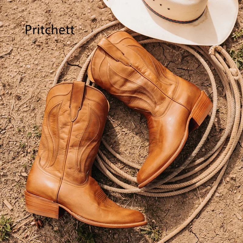 Totem Western Cowboy Boots for Men Vintage Mid-Calf Boots Pointed Toes Classical Mens Shoes Genuine Leather Winter Booties 240921