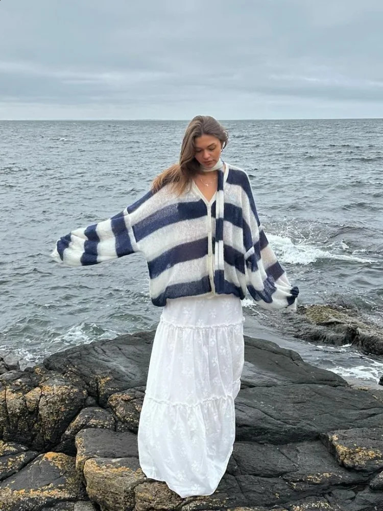Chic Contrast Striped Womens Knit Cardigan With Scarf Casual V Neck Lantern Sleeved Sweater Coat 2024 Lady Fashion Knitwear 240919