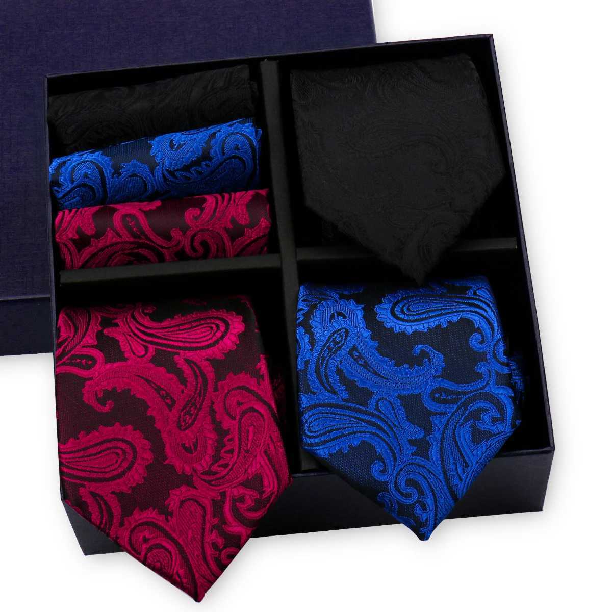 Luxury Mens Tie 3 Sets In Gift Box Paisley Striped Necktie Handkerchief For Men Gravata Wedding Formal Clothing Accessories X2504071
