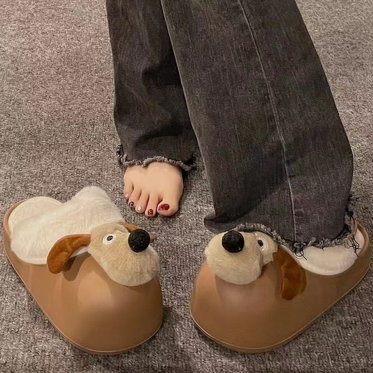 Women's Comfy Postpartum Cotton Slippers - Soft Plush Insulated, Water-Resistant with Charming Canine Print
