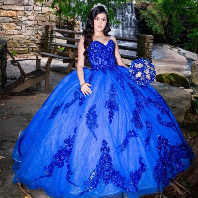 Royal Blue Ball Gown Quinceanera Dresses Princess Off The Shoulder Applique Beads Tulle Vestidos De 15 Anos Birthday Party Sweet 16 Dress