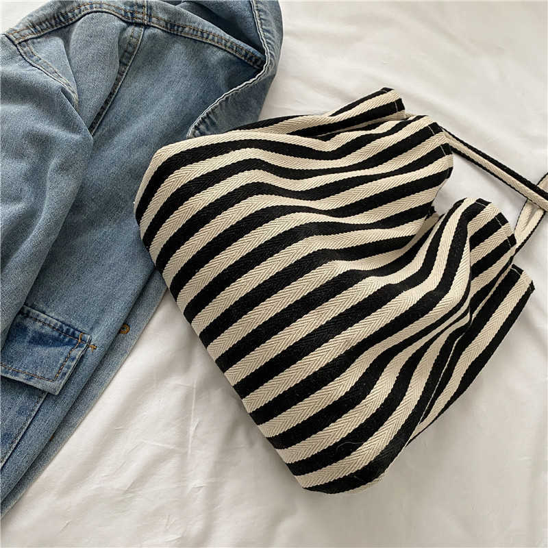CMM Korean Literary Handbag Simple Small Fresh Stripe Shoulder Bag Leisure Fashion Large Capacity Shopping Bag