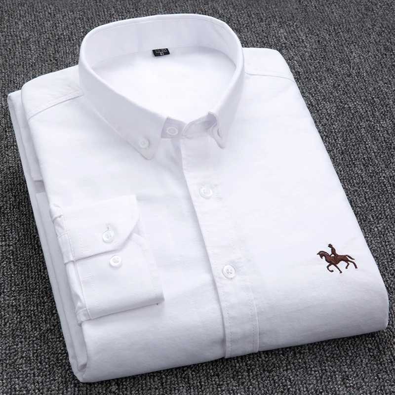 100% pure cotton Oxford mens long sleeved embroidered horse casual no pocket solid color dress mens plus size S-6XL X250329