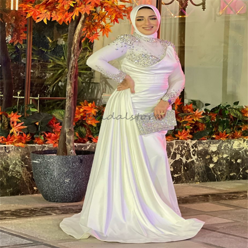 Charming Crystal Muslim Wedding Dresses 2025 Elegant Rhinestone Long Sleeve Mermaid Islamic Country Bridal Dress Gatsby Bride Vestidos Novias Boda Cas