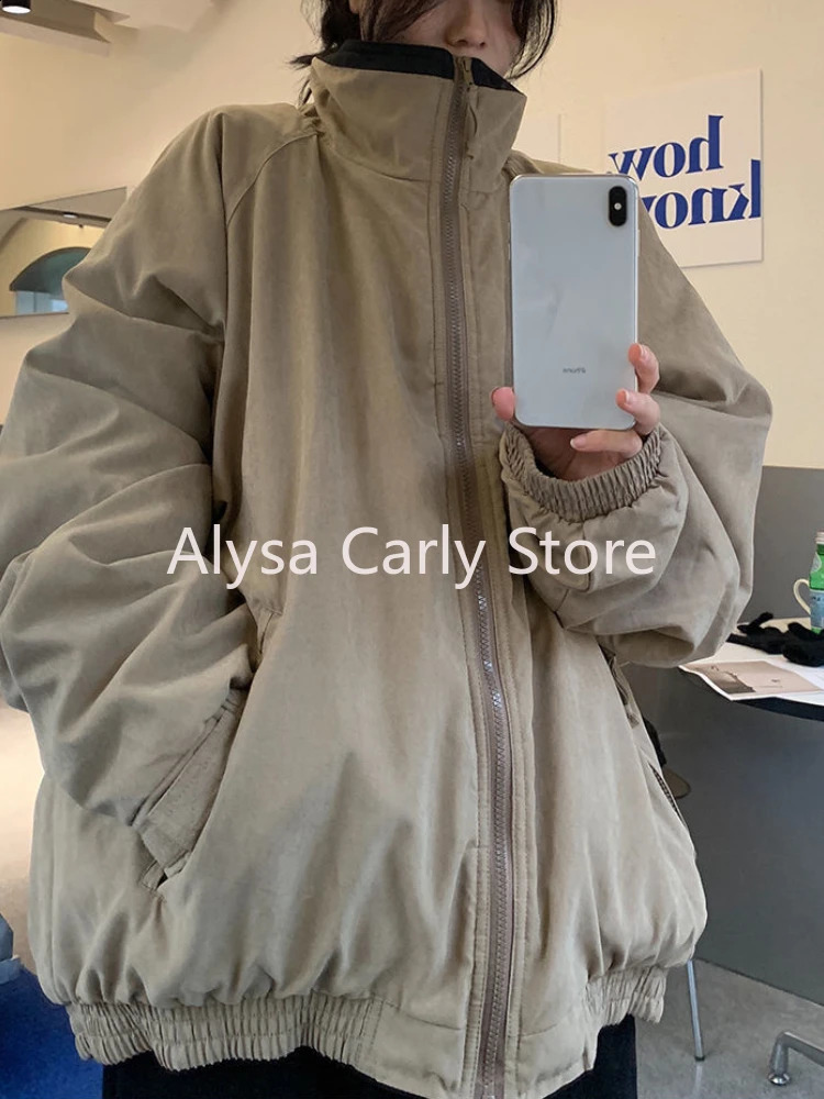 Casual High Street Parkas Women Winter Warm Korean Khaki Zipper Streetwear Coat Female Fashion Trend Vintage Outerwear 2024 240918