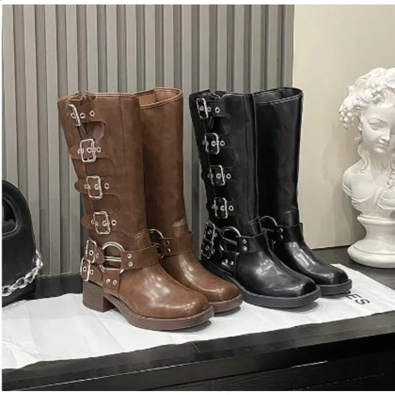 Latest Autumn/Winter Retro Summer Thin Western Cowboy Boots Middle Heel Boots Leather Knight Boots Zapatos Mujer 240926
