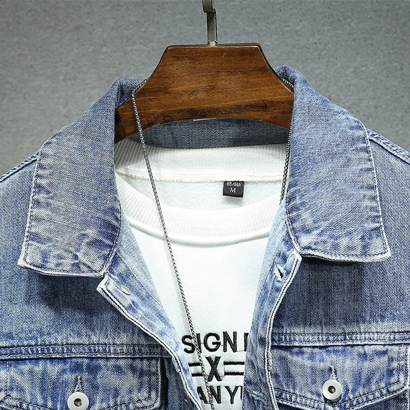 Mens casual jacket light blue washed thin collar elastic mens denim fashion trend 240921