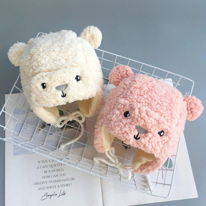 Cute bear baby earmuffs cashmere winter warmth born beanie hat outdoor toddlers boys girls warm 240925