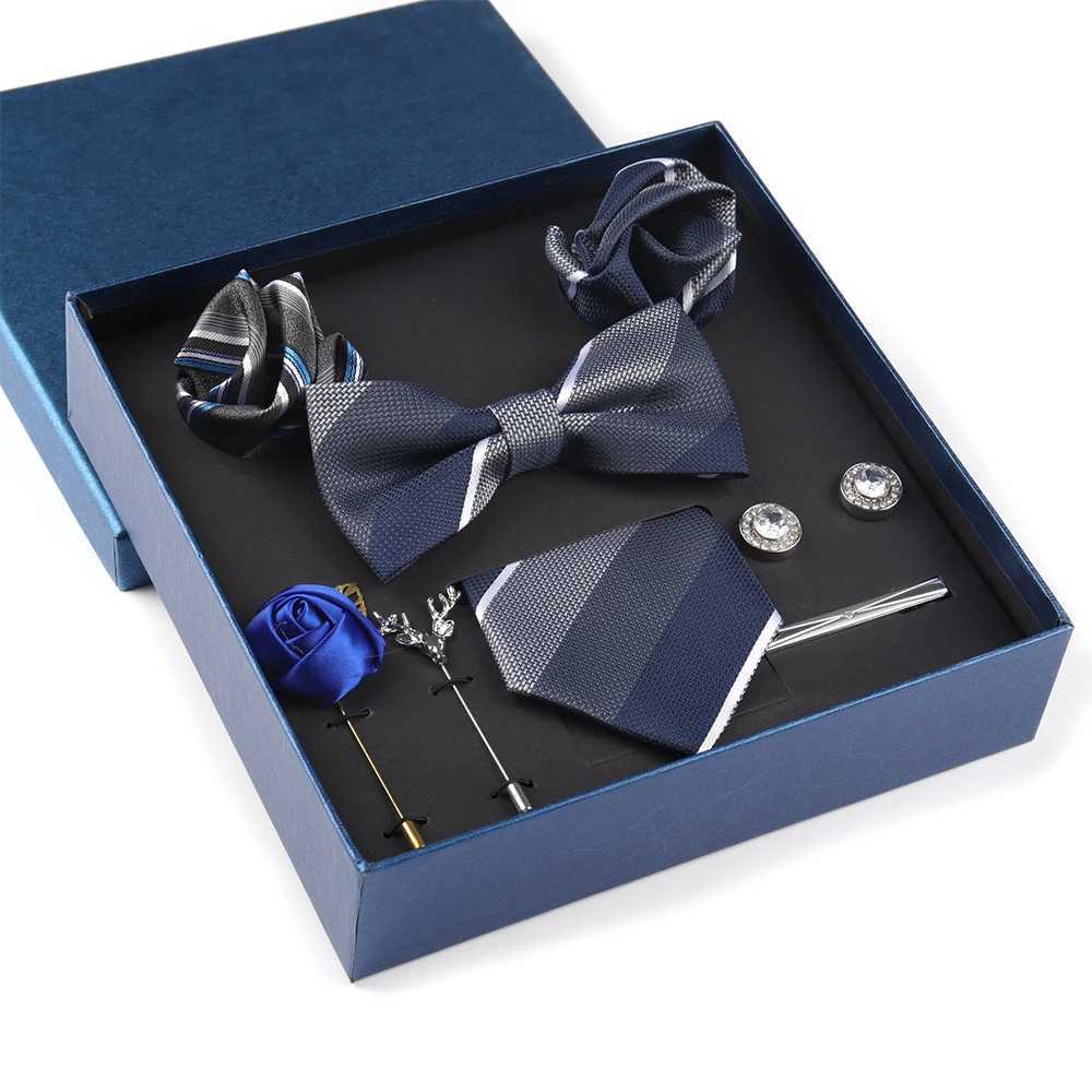 Mens Tie Set Gift Deluxe Collar Bow Pocket Square Cufflink Clip Brooches 8piece Set Wedding Party Business Mens Tie Set Y240925