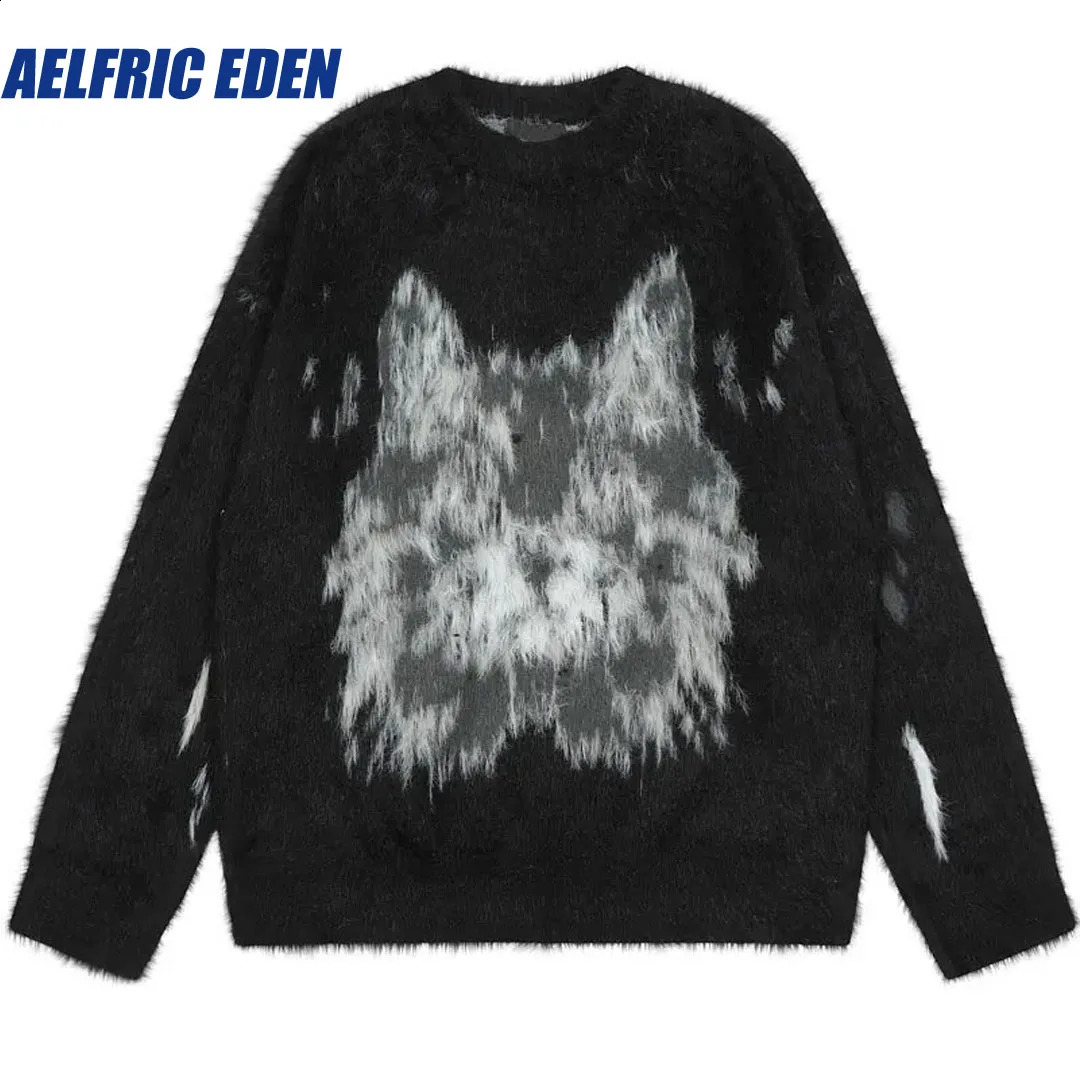 Aelfric Eden Harajuku Cat Sweater Y2K Hip Hop Knitted Fluffy Cat Jumper Street Clothing Mens Casual Loose Punk Gothic Pullup Top 240924