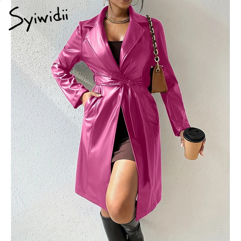 Syiwidii Elegant PU Leather Trench Coat for Women Fashion Lapel Lace Up Midi Length Jacket Autumn Temperament Lady Outerwear 240918