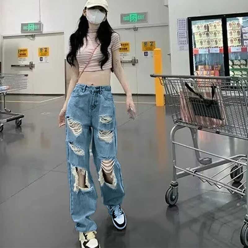 American Vintage Hole Y2k Women Jeans High Waist Jeans Wide Leg Baggy Loose Straight Hip Hop Streetwear Dragging Denim PantsX2409