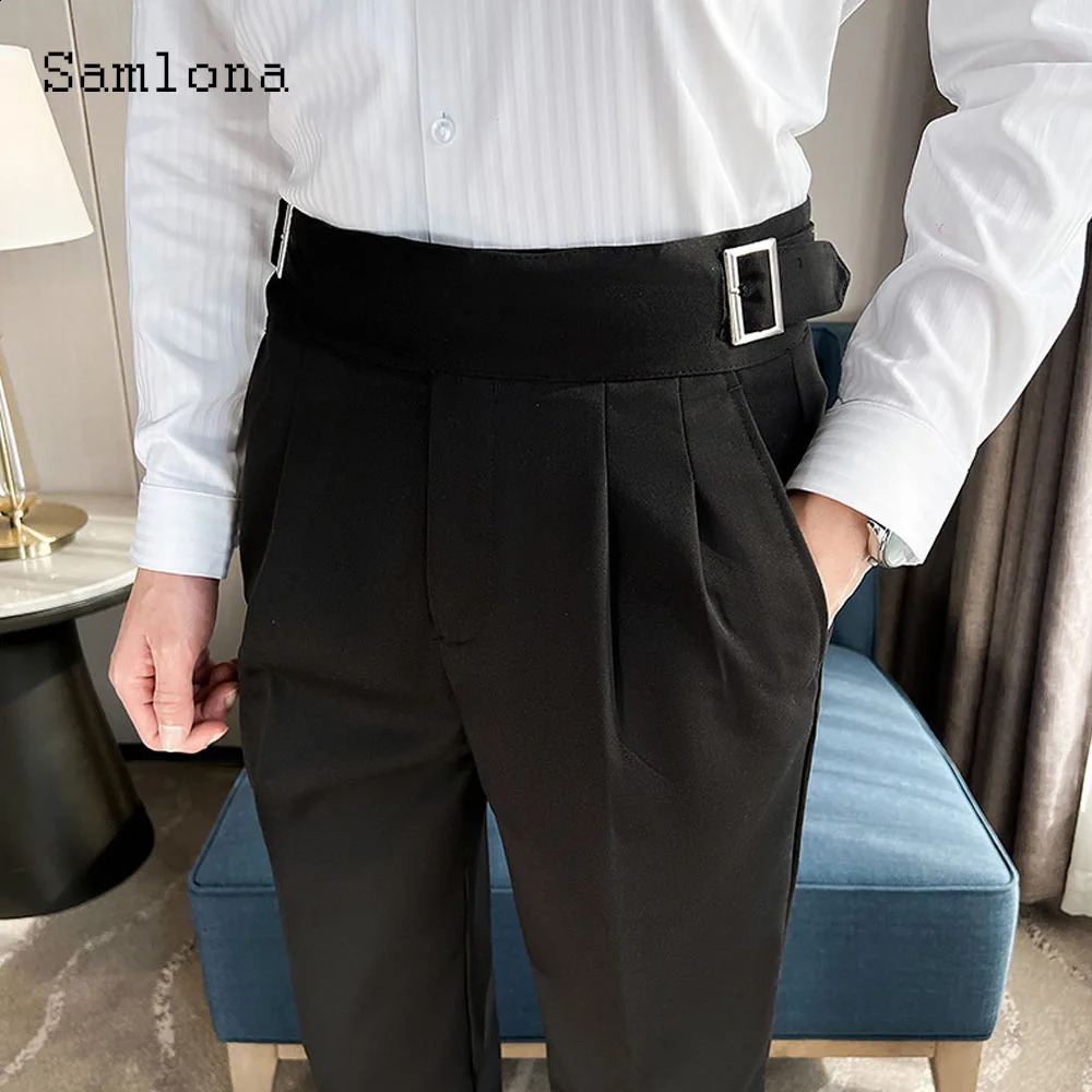 Men Elegant Buckle Up Suits Pants Solid White AnkleLength Trouser Plus Size Mens Stand Pocket Suit Formal Party Wedding 240925