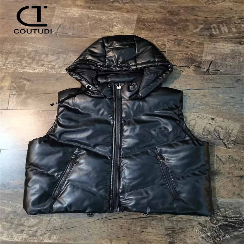 COUPUDI-PU leather fluffy womens vest black hooded park short sleeved jacket sleeveless belt womens fashion 240925