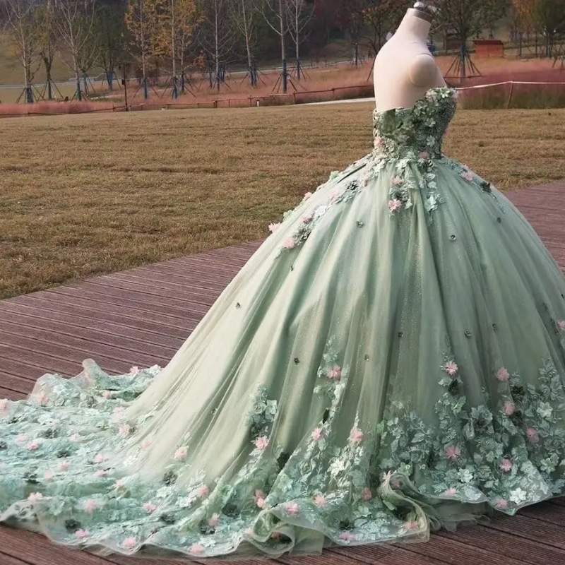 Sage Green Shiny Quinceanera Dresses Ball Gown Off The Shoulder Applique Lace Beaded Tull Sweet 16 Dress Vestido 15 De Anos