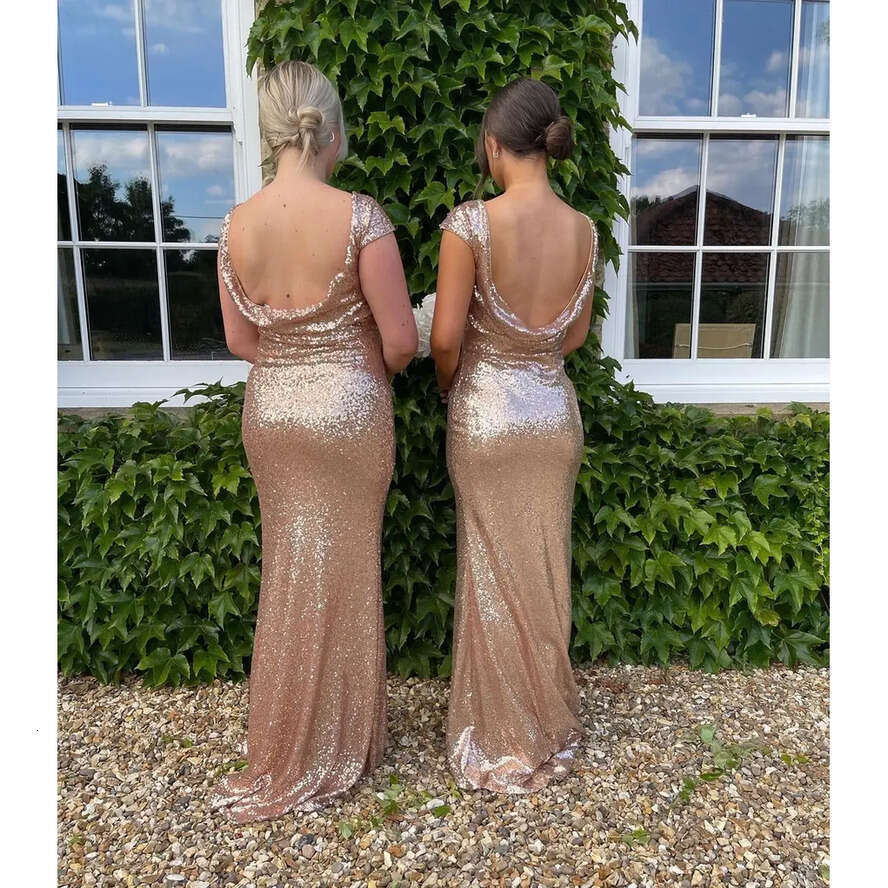 Sequined Dresses Gold Bridesmaid Low Cowl Back Sheath Mermaid Cap Sleeve Evening Prom Gowns Backless Wedding Guest Party Dress Cps344 less