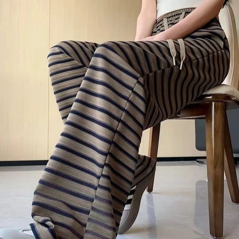 Striped casual wide for women in the summer of 2024, high waisted, loose and fashionable Korean version, trend slimming straight leg floor length pant