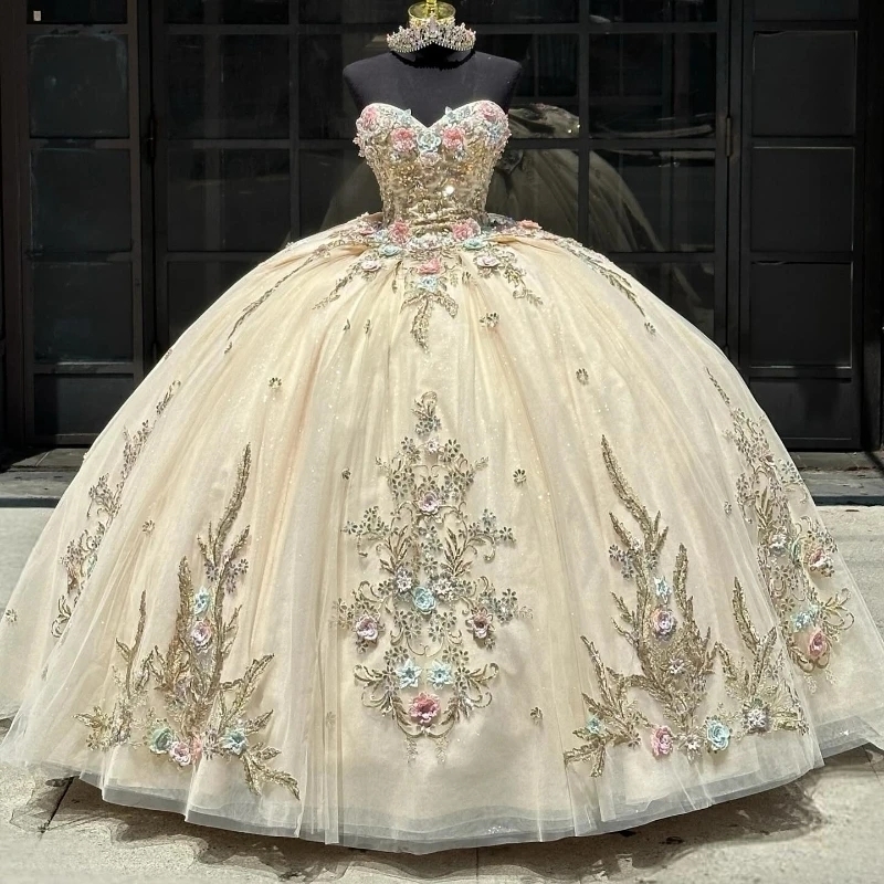 Quinceanera Champagne Ball Gown Off The Shoulder Sequined Appliques Beads Birthday Dress Lace Up Vestidos De Anos D