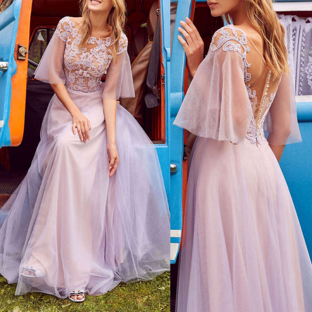 A-E Ful Evening O-Neck Appliques Lace Half Sleeve Or-Length Prom Gown Party Dress Vestido De Noite Custom Made