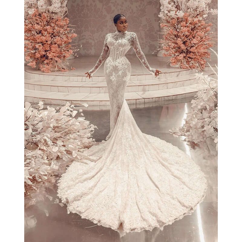 Chart Vintage Dress Mermaid High Neck Fulllace Long Sleeves Plus Size Wedding Dresses Bridal Gowns Button Back Sweep Train Lacefull Robe De Mariage Es