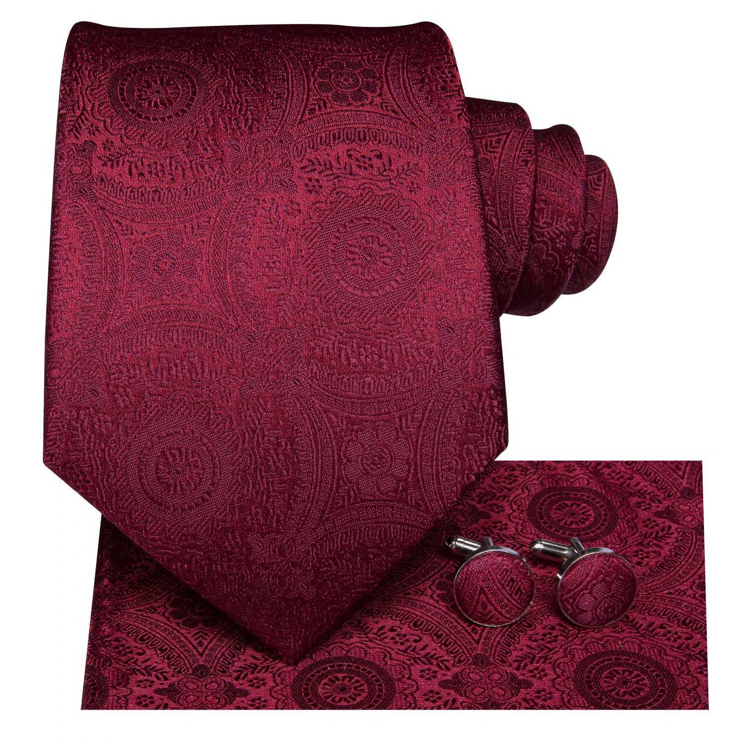 Hi-Tie Mens Gift Tie Set Red Wine Burgundy Paisley Silk Wedding Tie For Men Fashion Design Quality Hanky Cufflink Dropsing X2504071