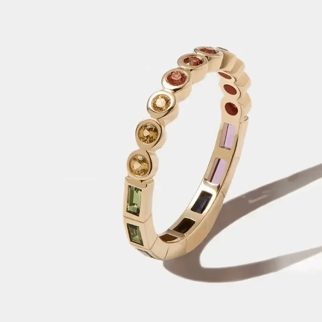 Geometric Rainbow CZ Gold Stacking Engagement Ring | Thin Cubic Zirconia Band