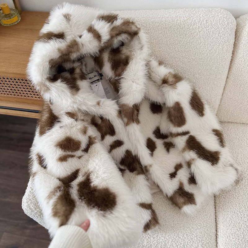 Oversized Leopard Faux Coat Women Winter Sweet Haruku Y2k Fashion Girls Thicken Fox Fur Jacket Hooded Overcoat Outwear