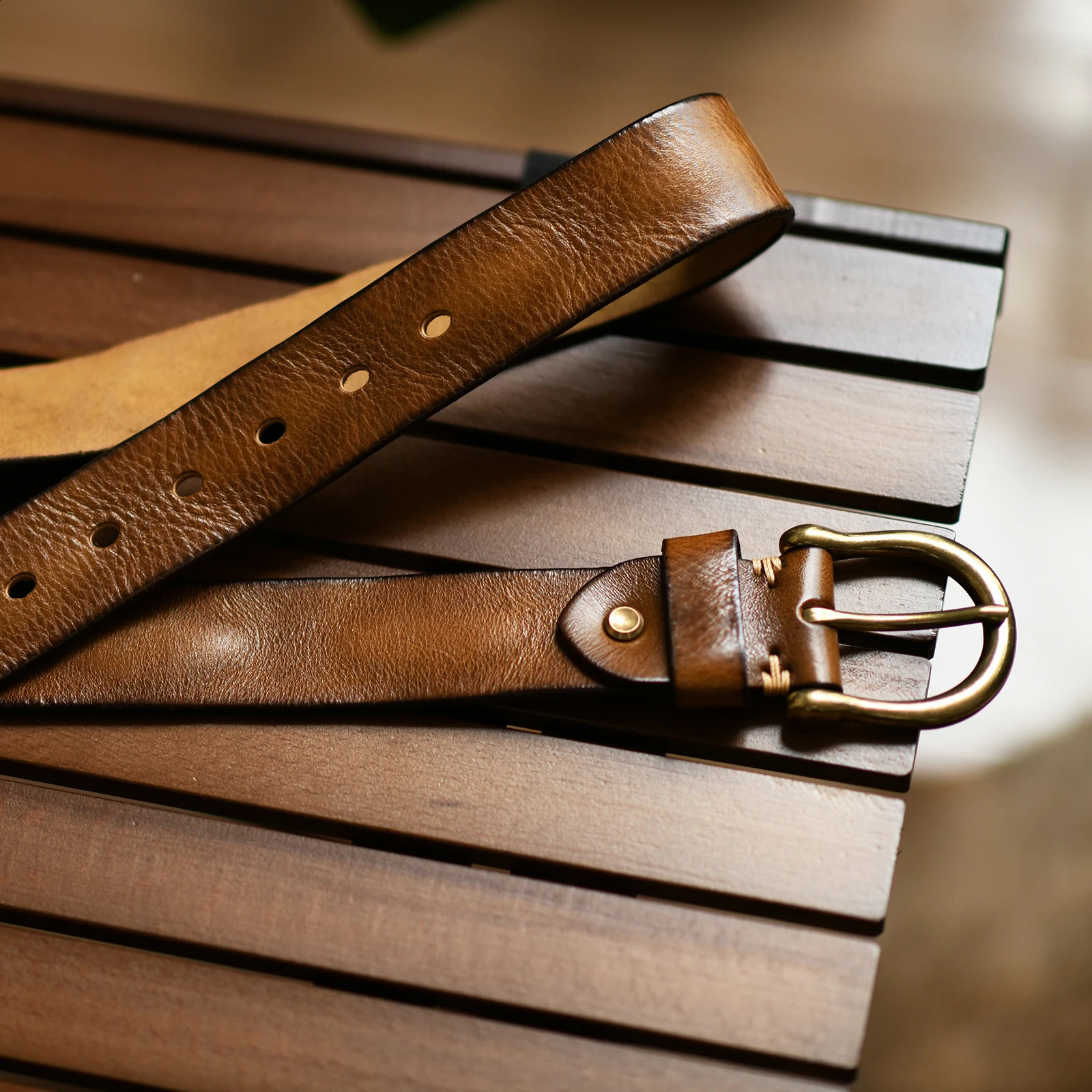 Handmade retro style pure copper horseshoe buckle unlined denim mens belt leather jeans mens belt 240925