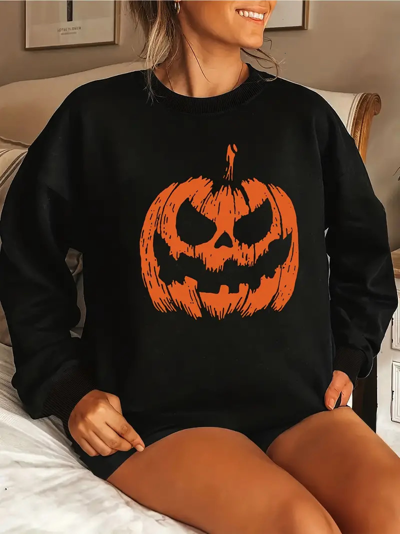 Women Halloween Pumpkin Sweater Brand Long Sleeve Round Neck Pullover Plus Size Casual Sweatshirt Fall Clothes