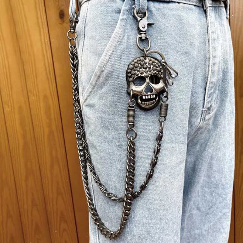 Trendy Rock Mens Skeleton Ghost Head Metal Chain Hip Hop Punk Jeans Pants Trouser Waist Chain Double Chain Bicycle Keychain Prop 240924