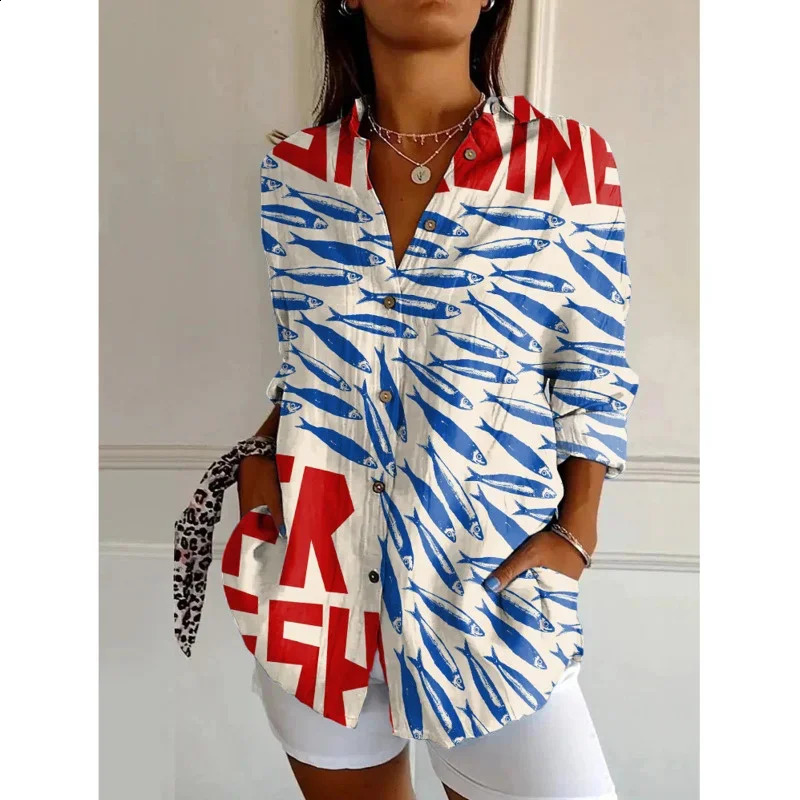 Summer Womens Vintage Fish sardine Art Print Linen Casual Pants Long Sleeve Shirt Lapels Tights 240918