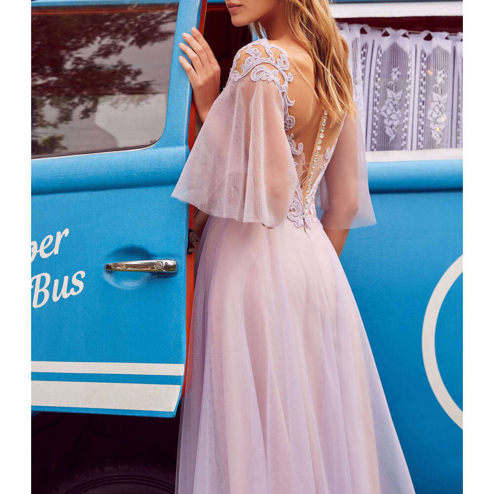 A-E Ful Evening O-Neck Appliques Lace Half Sleeve Or-Length Prom Gown Party Dress Vestido De Noite Custom Made