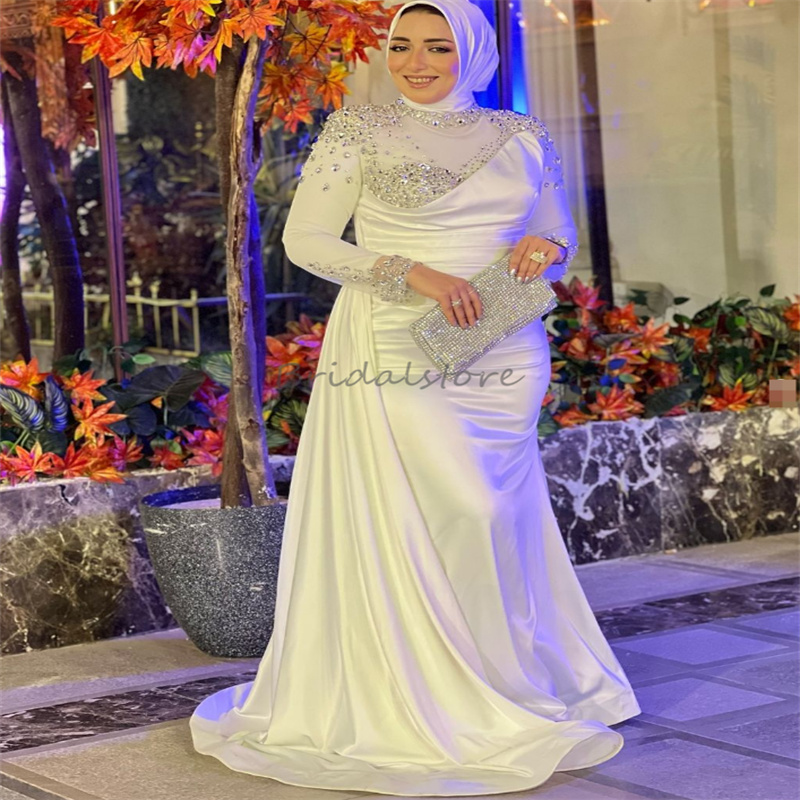 Charming Crystal Muslim Wedding Dresses 2025 Elegant Rhinestone Long Sleeve Mermaid Islamic Country Bridal Dress Gatsby Bride Vestidos Novias Boda Cas