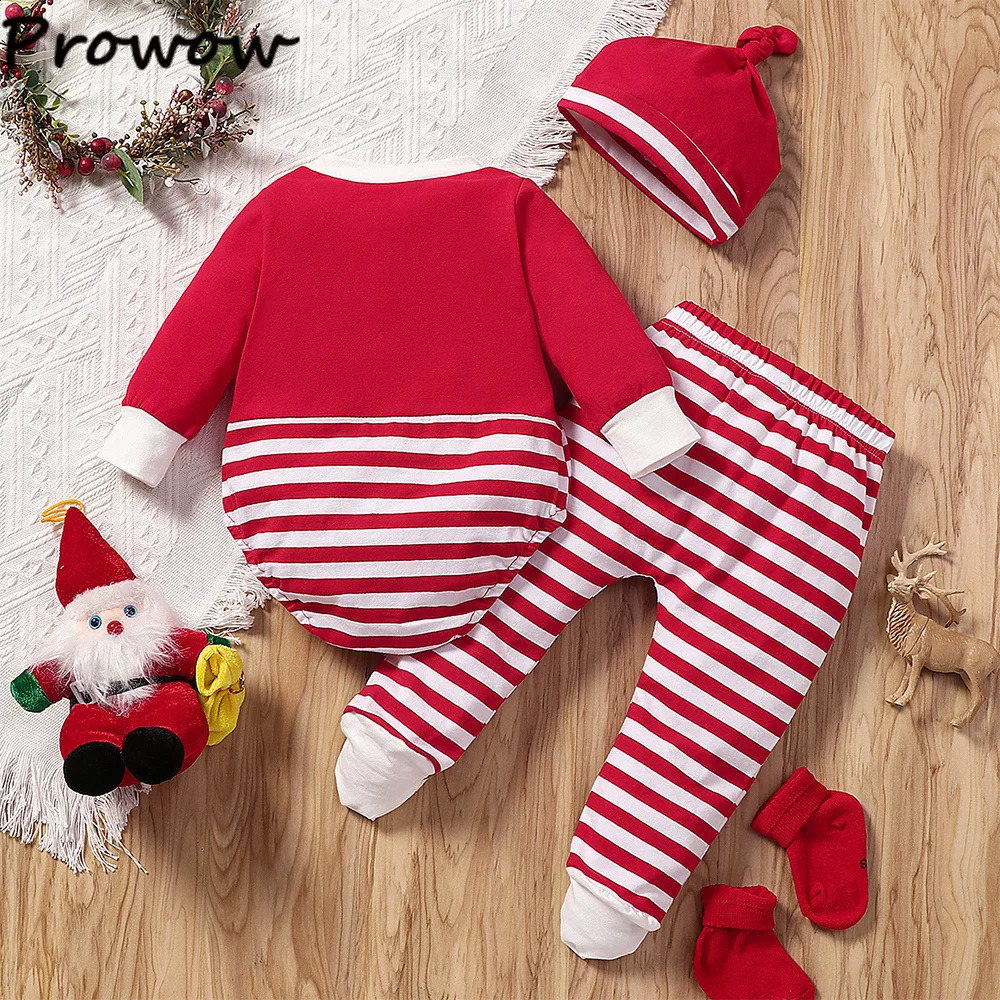 Prowow Baby Christmas Set Cartoon Deer Tight and Striped PantsChristmas Hat My First Costume for Boys Girls 240925