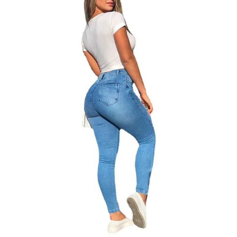 Women Jeans Sheath Pencil Pants Pockets Cargo Denim Distressed High Waist Washing Slim Fit Zipper Fly Ankle Length SolidX2409