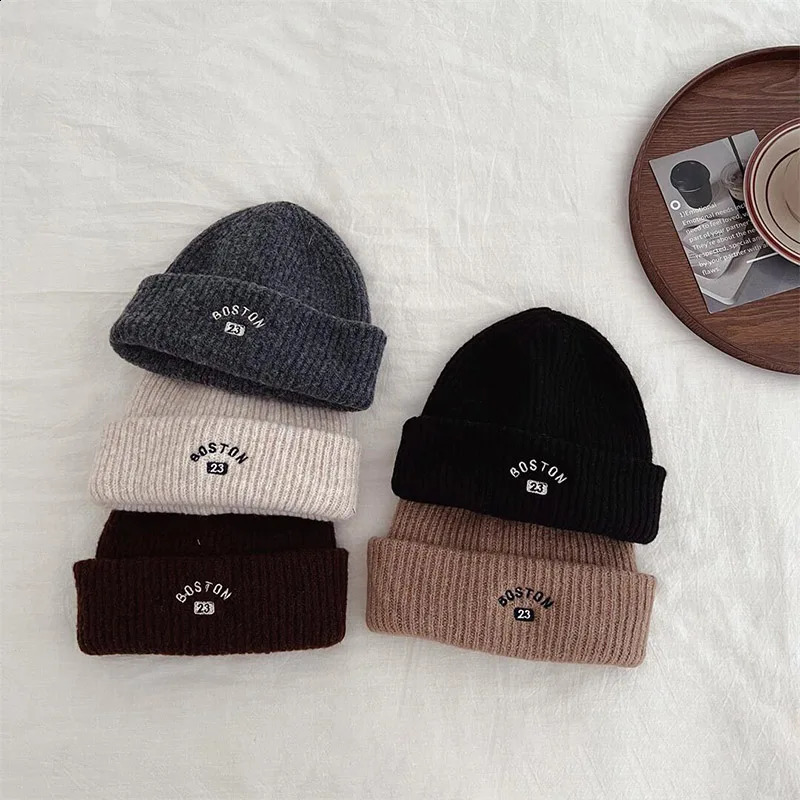 Korean letter baby hat soft knitted boy and girl Beanies winter warmth toddler pull windproof cold proof for children 240925